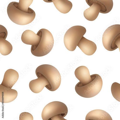 Seamless Champignon Mushroom Pattern, Vector Illustration. Realistic Button Mushroom Seamless Background. White Mushroom Repeat Texture