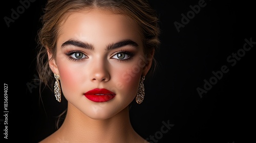 Wallpaper Mural Elegant woman poses with red lipstick and sparkly gold earrings against a dark background, showing off her flawless complexion. Torontodigital.ca