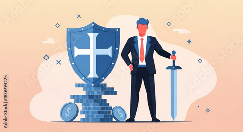 Businessman Standing With Sword And Shield Next To Stack Of Coins and Cross Symbol