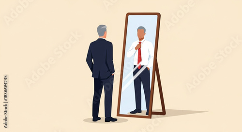 Man in Suit Adjusting Tie in Mirror Reflecting Confident and Polished Image