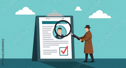 Investigating a Candidate's Profile and Resume with a Magnifying Glass and Checklist on a Clipboard