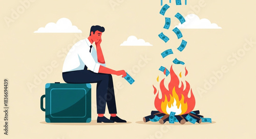 Financial hardship and loss of money concept illustration with a man watching his fortune burn