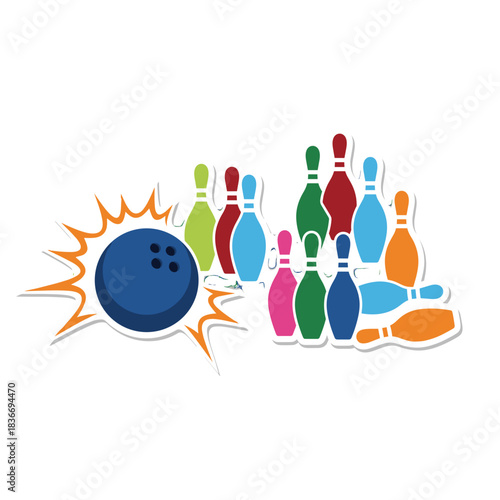 Dynamic Bowling Scene with Blue Bowling Ball Striking Colorful Pins Against a Vibrant Orange Bursting Background Representing Speed and Impact