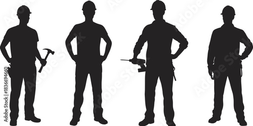Silhouettes of construction workers with tools and hard hats representing teamwork, labor roles, safety gear, and industrial job site professions