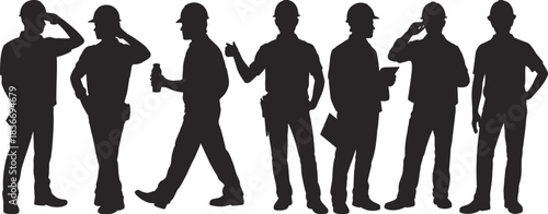 Silhouettes of construction workers in hard hats performing various tasks, teamwork poses, and safety gestures for industrial site vector design