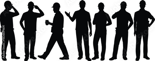 Silhouettes of Construction Workers in Hard Hats Performing Various Poses Representing Labor, Industry, Teamwork, Safety, and Occupational Roles