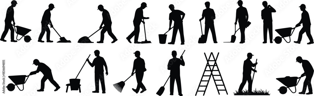 Obraz premium Construction and gardening workers silhouette set with tools, wheelbarrow, shovel, rake, sweeping, bucket, ladder, teamwork, outdoor labor poses
