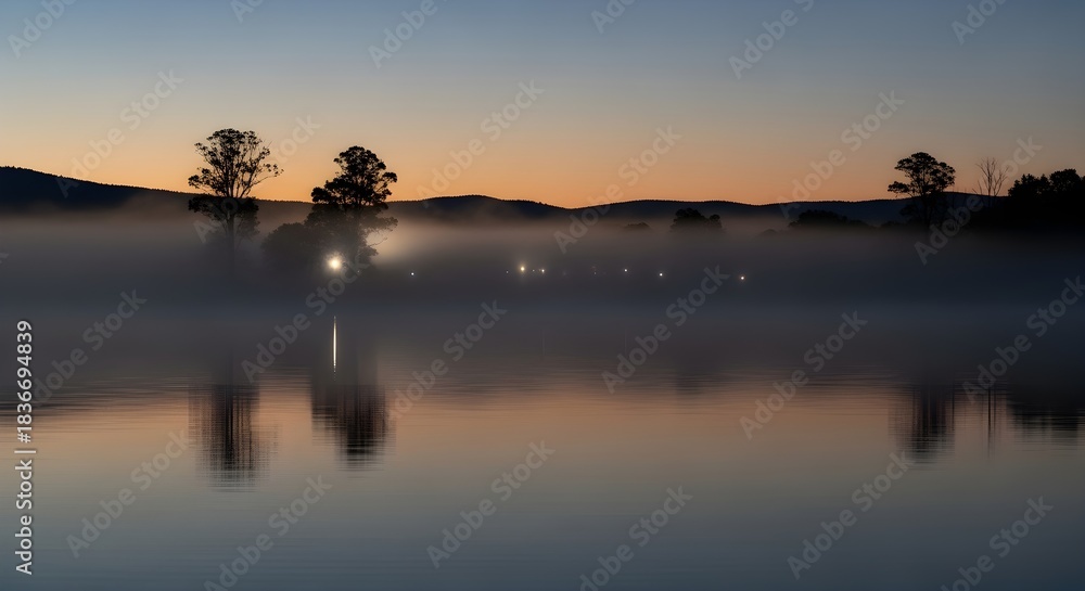 Obraz premium Tranquil morning mist hovers above a still lake, reflecting the soft glow of the breaking day and distant lights, evoking a sense of calm mystery