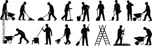 Construction and gardening workers silhouette set with tools, wheelbarrow, shovel, rake, sweeping, bucket, ladder, teamwork, outdoor labor poses