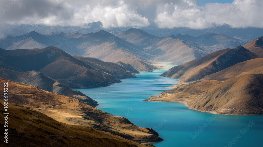 Naklejka premium A river flows through a valley surrounded by mountains in Tibet. Clouds drift above as the sun shines on the water highlighting the colors of the landscape. This scene shows the natural terrain.
