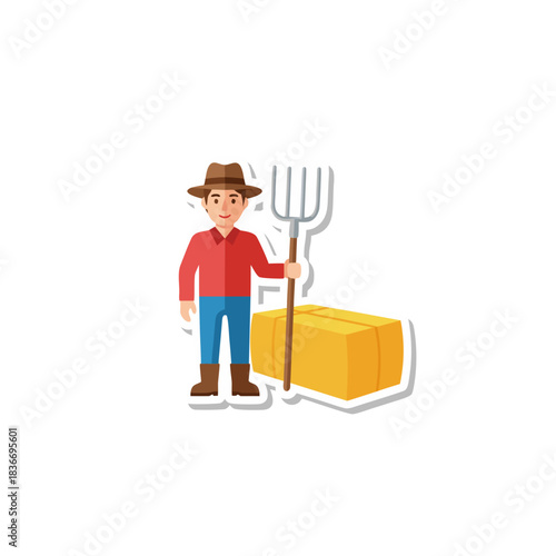 Farmer in Red Shirt and Blue Jeans Standing Next to Hay Bale Holding Pitchfork on Black Background