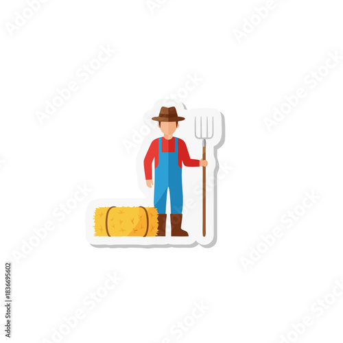 Farmer Standing With Pitchfork Beside Hay Bale Wearing Overalls and Hat In Flat Illustration Style