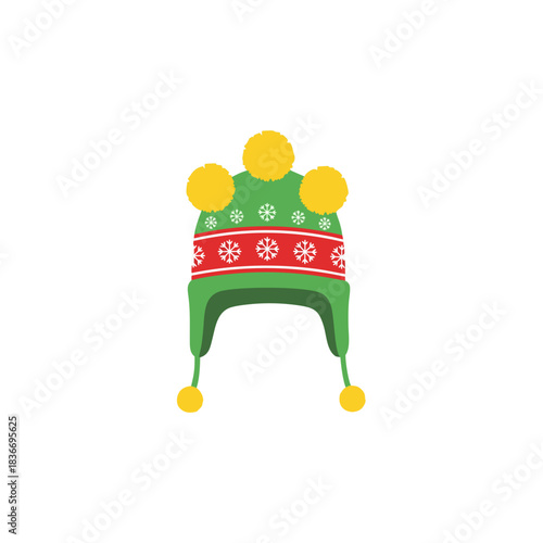 Festive Green Winter Hat With Red and White Snowflake Pattern and Yellow Pom Poms Isolated on Black Background