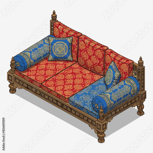 Detailed Isometric Illustration of an Ornate Oriental Styled Daybed Couch