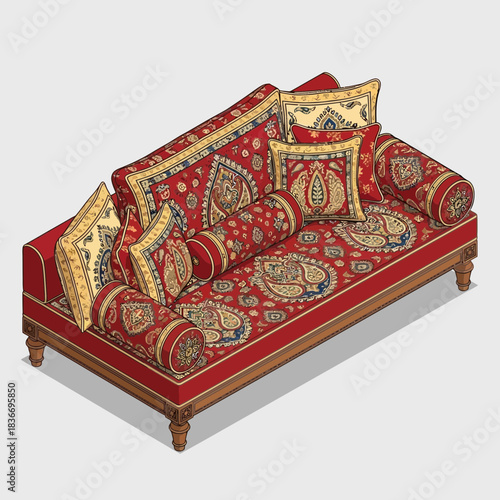 Elaborate chaise lounge with middle eastern textile design isometric view