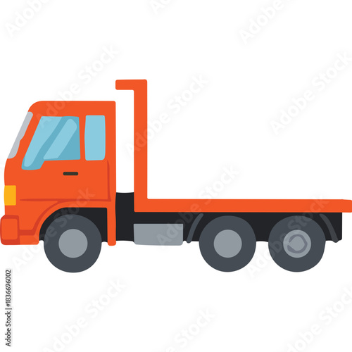 Orange flatbed truck with a tow hitch in profile view against a black background isolated vector illustration