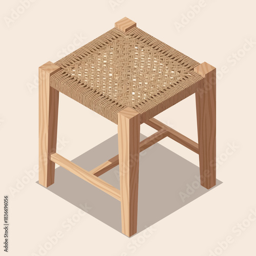 Isometric illustration of a woven stool with natural wood frame on neutral background