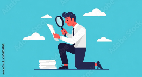 Businessman Analyzing Documents with Magnifying Glass in Office Illustration, Focused Work Environment, Side View Concept