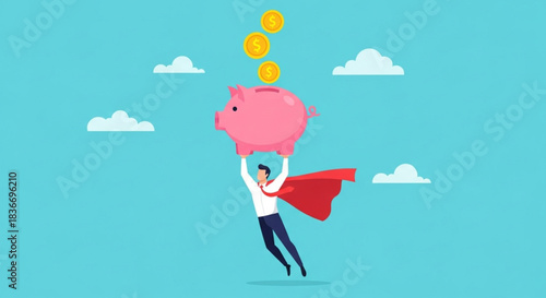 Superhero businessman flying with piggy bank saving money illustration in blue sky background for financial success concept