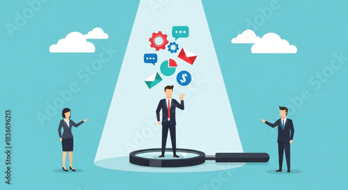 Business professionals evaluating digital data and social media icons spotlighted on executive in office environment, conceptual teamwork and analysis