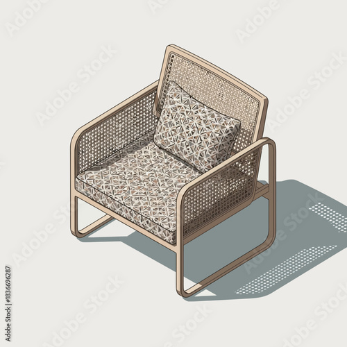 Stylish indoor armchair with woven design and soft patterned cushions