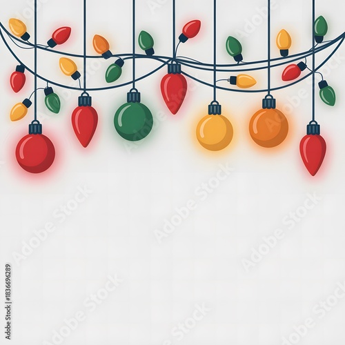 Festive Christmas and New Year Greeting Background Featuring Colorful Hanging String Lights, Holiday Typography, Cheerful Seasonal Mood, and Decorative Celebration Design
