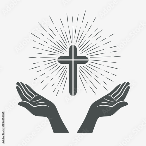 Vector Black and White Open Hands with Cross. Symbol of Faith and Prayer. Design Template for Church Logo. Prayer, Religion Concept. Monochrome Cut Out Silhouette Icon. Vector Illustration