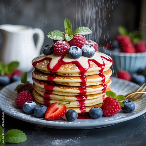 Delicious Stack of Pancakes Topped with Fresh Berries and Syrup Featuring Blueberries, Raspberries, Strawberries, and Homemade Breakfast Presentation
