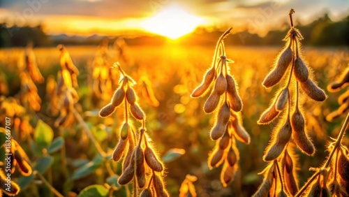 Mature soybean pods glowing in the evening sun on a soy agriculture field