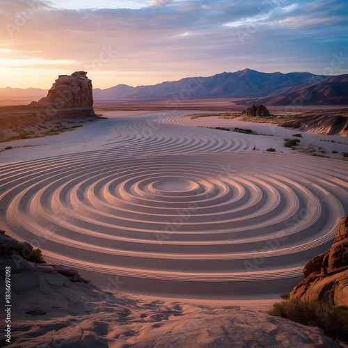 Majestic Desert Rock Formation Surrounded by Perfect Circular Sand Ripples Under Clear Sky Landscape
