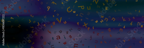 Abstract alphabet ornament on color background. Education writing design concept. Random letters fly. 3d illustration.