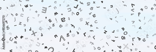 Abstract black alphabet ornament border isolated on white background. Vector illustration for education writing design. Stripe of random letters fly in middle. Alphabet book concept for grammar school