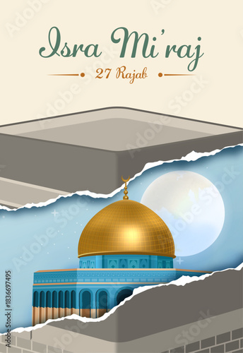 Isra Miraj 2025 Illustration with Golden Dome and Crescent in Blue Archway for Islamic Night Journey