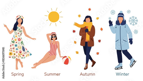 Celebrate every season with style! Fashionable women enjoying spring blossoms, summer sun, autumn colors, and winter snow in vibrant seasonal illustrations