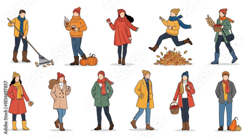 Celebrate autumn with cozy style illustrations of people enjoying fall activities like leaf raking, pumpkin spice lattes, and apple picking for seasonal fun