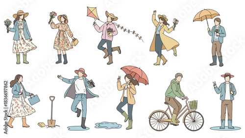 Delightful spring activities with people enjoying fresh flowers, flying a kite, riding a bike, and gardening, all while wearing cute hats and boots
