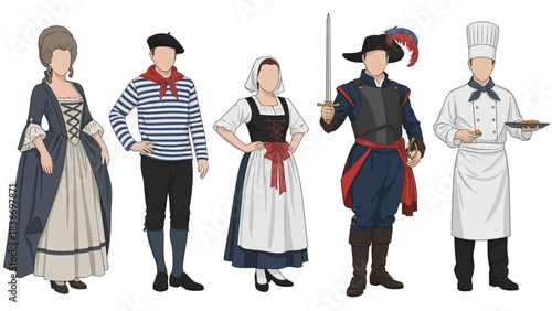 Historical fashion featuring French culture, from 18th century gowns to a chef with pastries, evoking a sense of tradition, history, and culinary artistry.