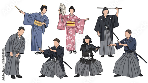 Elegant Japanese cultural icons with samurai warriors and geisha in vibrant kimonos, perfect for historical illustrations and cultural presentations