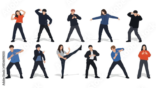 Dynamic group of young dancers striking poses, energetic and modern, perfect for youth culture or performance art projects, full of youthful energy and style