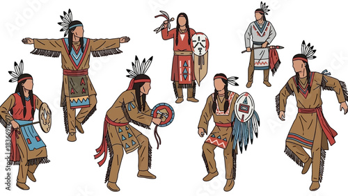 Authentic Native American dancers in traditional regalia celebrating heritage and culture with vibrant colors and dynamic movement for stock platform sales