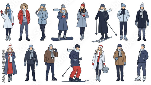 Diverse group enjoying winter sports and activities like skiing, snowboarding, and ice skating in stylish warm clothing makes a great festive holiday card