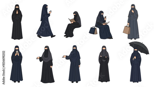 Diverse Muslim women set in niqab abaya, using phone, shopping, reading, holding umbrella. Modern lifestyle, inclusivity, cultural diversity concept.