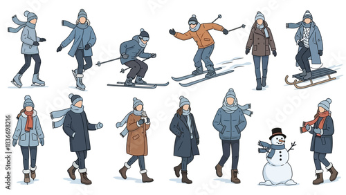 Enjoy the winter wonderland with stylish bundled-up people skating, skiing, sledding, and savoring cozy drinks outdoors in a snowy landscape scene