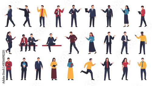 Diverse group of modern professionals in various poses for presentations and teamwork, perfect for corporate websites and business marketing materials