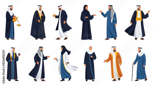 Diverse collection of traditional Arab people in elegant dress, perfect for cultural presentations or design projects, showcasing Middle Eastern heritage