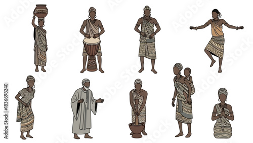 Experience authentic African culture through these captivating illustrations of daily life and traditions, perfect for educational or historical projects