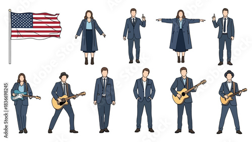 Celebrating American talent with music and business in a modern illustration showcasing diverse people and patriotic spirit, ideal for events and promotions