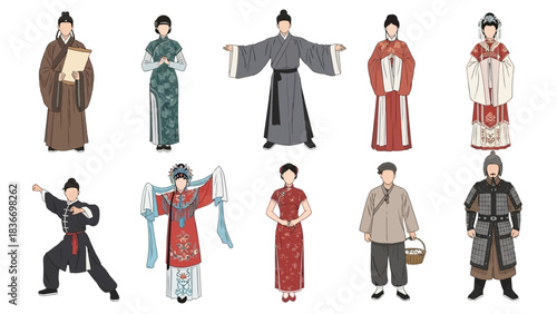 Explore traditional Chinese cultural outfits with this vibrant collection, perfect for educational materials, historical projects, or celebrating Chinese heritage