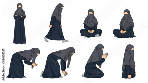 Muslim woman wearing niqab in various poses for faith and prayer, representing tradition, spirituality, and modest fashion in contemporary lifestyle