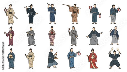 Elegant Japanese culture portrayed with people in traditional kimonos, celebrating heritage and festivals with lanterns and musical instruments in colorful style